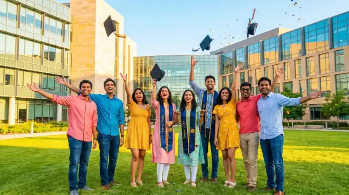 Indian graduates celebrating on a sunlit campus lawn