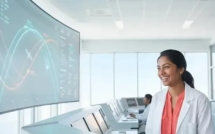 A young ISRO research fellow in a mission-control room, orbital tracks glowing on the wall display